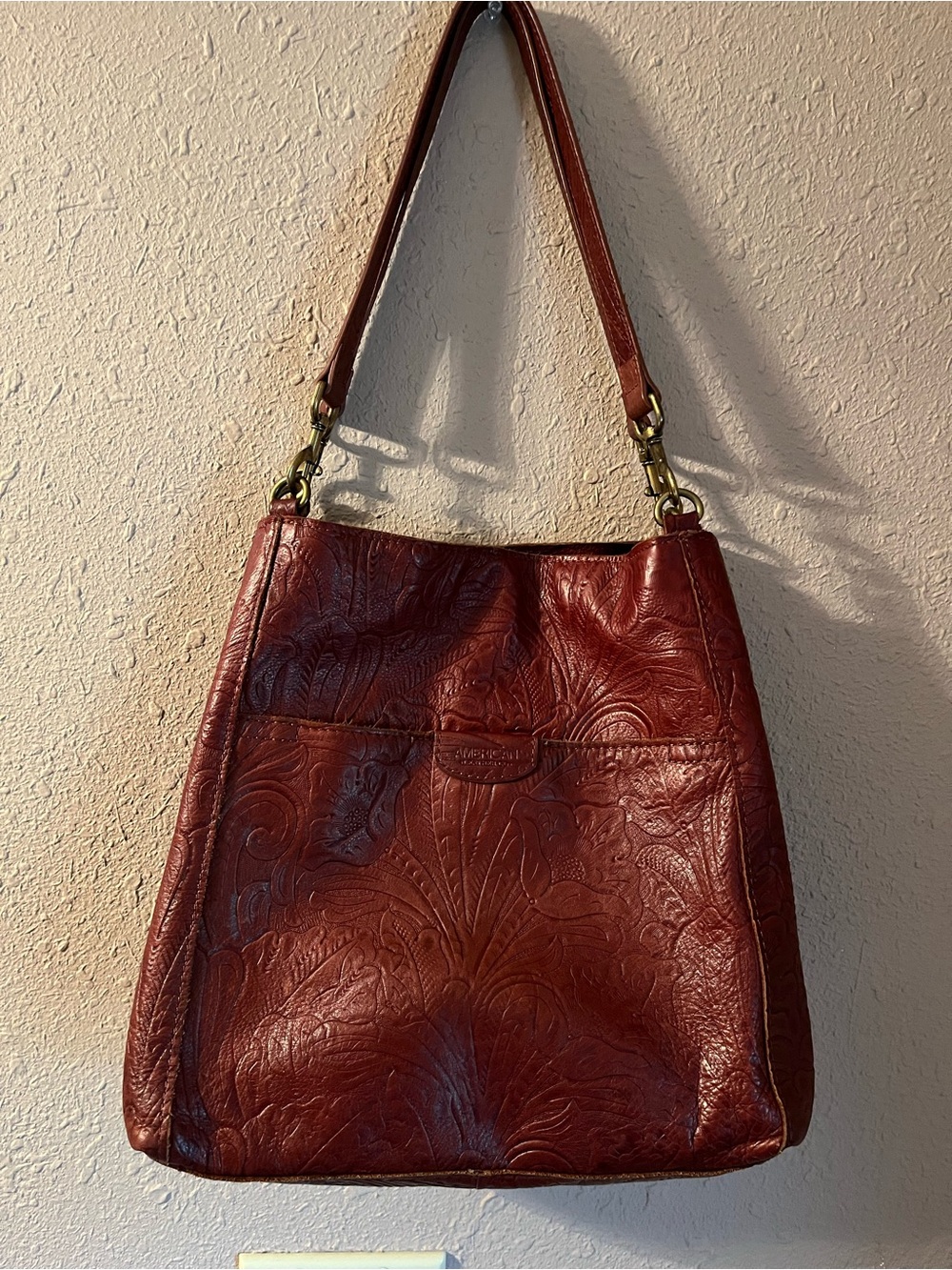 American Leather Co. Floral Embossed/tooled Leather Shoulder Tote